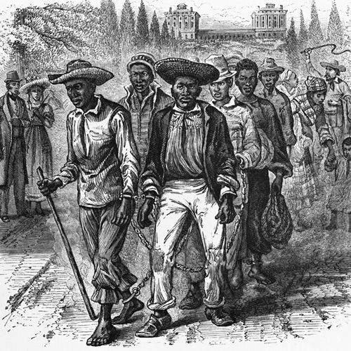 Wood engraving of slaves wearing handcuffs and shackles passing the United States Capitol, around 1815.