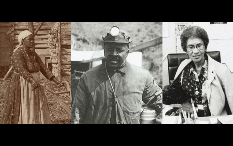 Tryptic of three photographs: A woman on the left pushing a plow, a miner in the center, and a woman behind a desk on the right.